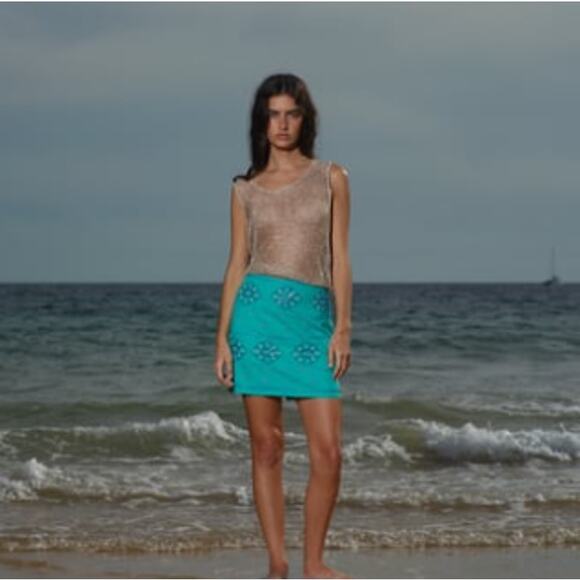 Zara Cotton Mini Skirt with Floral Beading & Embroidery Size Medium Teal - Picture 8 of 9